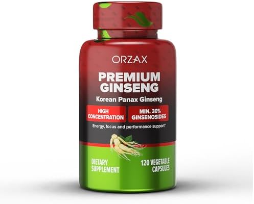 ORZAX Korean Panax Ginseng Capsules with 30% Ginsenosides for Performance & Energy Supplements for Women and Men - Red Ginseng for Enhanced Focus (120 Veg Capsules) Orzax