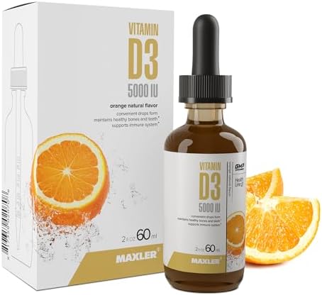 Maxler Vitamin D3 5000IU Drops - Vitamin D3 Liquid for Nervous System & Immune Support, Teeth & Joint Health - Vitamin D3 Cholecalciferol 5000 IU per 1 Serving - 120 Servings Orange Flavor Maxler