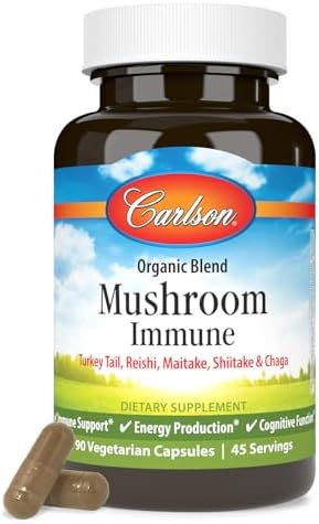 Carlson - Mushroom Complex, Organic Blend, with Turkey Tail, Reishi, Maitake, Shiitake, Chaga, Non-GMO, 50 Vegetarian Capsules Carlson