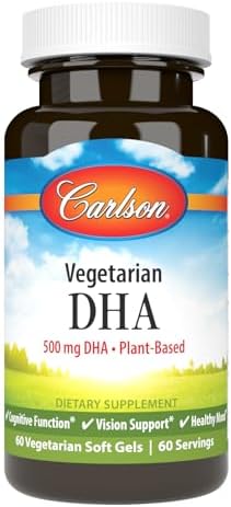 Carlson - Vegetarian DHA, 500 mg DHA, Plant Based, Sustainably Sourced from Algae, Brain Support, Mood Health, 60 Softgels Carlson