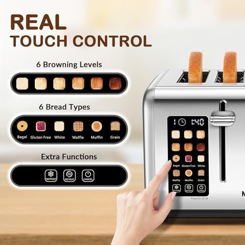 Mecity 4 Slice Toaster Touch Screen Control 4 Wide Slot, Stainless Steel Smart Bread Toaster for Bagel Muffin Waffle, Dual Control Pannel, Timer, Defrost, Reheat, 120V 1650W Mecity