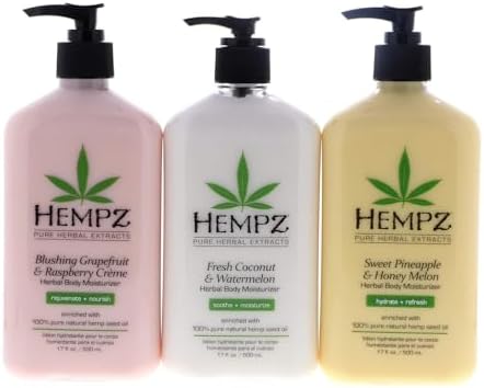 HEMPZ FRUIT COCKTAIL Bundle 1-Blushing Grapefruit & Raspberry Creme 17oz 1-Sweet Pineapple & Honey Melon Herbal Body Moisturizer 17oz 1-Fresh Coconut & Watermelon Body Moisturizer 17oz Hempz