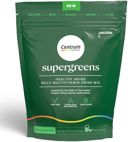 Centrum Supergreens - Superfood Powder & Multivitamin for Adults – Greens Powder with Spirulina, Mushroom, Prebiotics & Enzyme Blend – 30-Day Supply Centrum