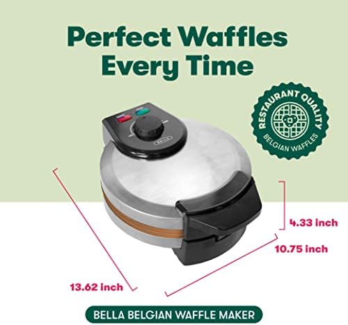 BELLA Classic Belgian Waffle Maker, Nonstick Extra Deep Plates, Browning Control Knob, Locking Latch and Cool Touch Handle, 7" Round, Stainless Steel, Black Bella