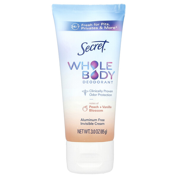 Whole Body Deodorant, Aluminum Free Invisible Cream, Peach + Vanilla Blossom, 3 oz (85 g) Secret