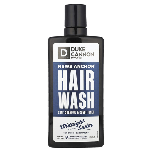 News Anchor® Hair Wash, 2 in 1 Shampoo & Conditioner, Midnight Swim, Sea Grass + Sandalwood, 14 fl oz (414 ml) Duke Cannon Supply Co.