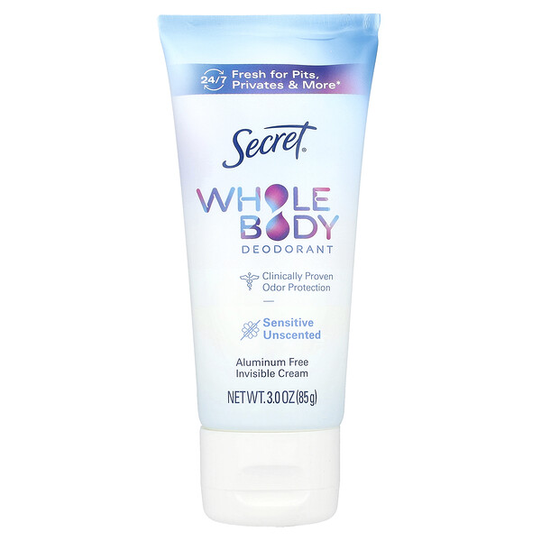 Whole Body Deodorant, Aluminum Free, Invisible Cream, Unscented, 3 oz (85 g) Secret