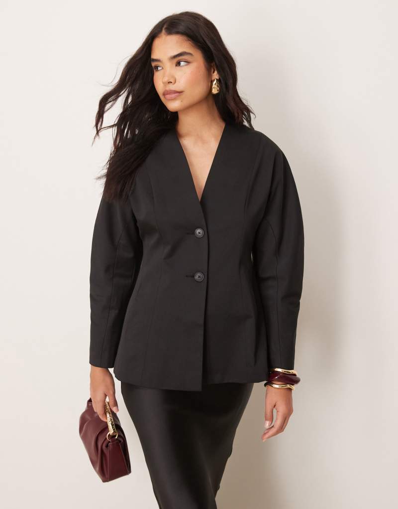 ASOS DESIGN nipped waist collarless blazer in black Asos Design