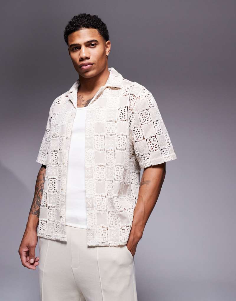 ASOS DESIGN boxy premium relaxed crochet shirt in neutral Asos Design