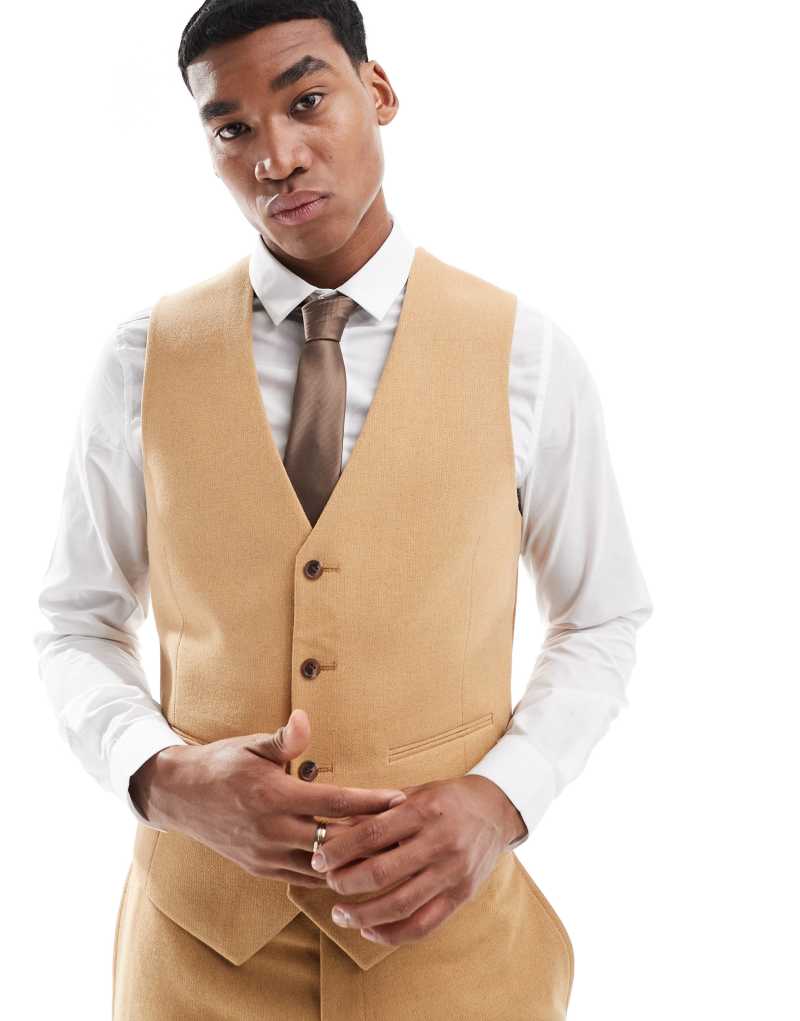 ASOS DESIGN slim suit vest with wool in camel basketweave Asos Design