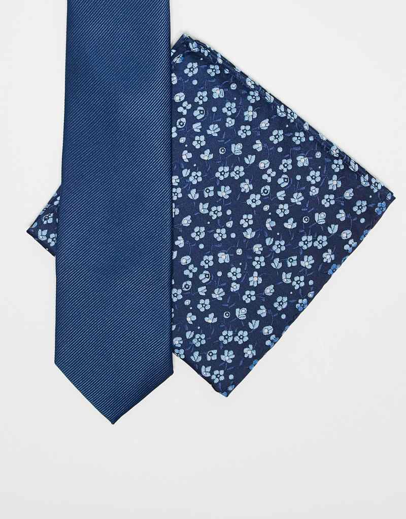 ASOS DESIGN plain tie with a floral pocket square in navy Asos Design