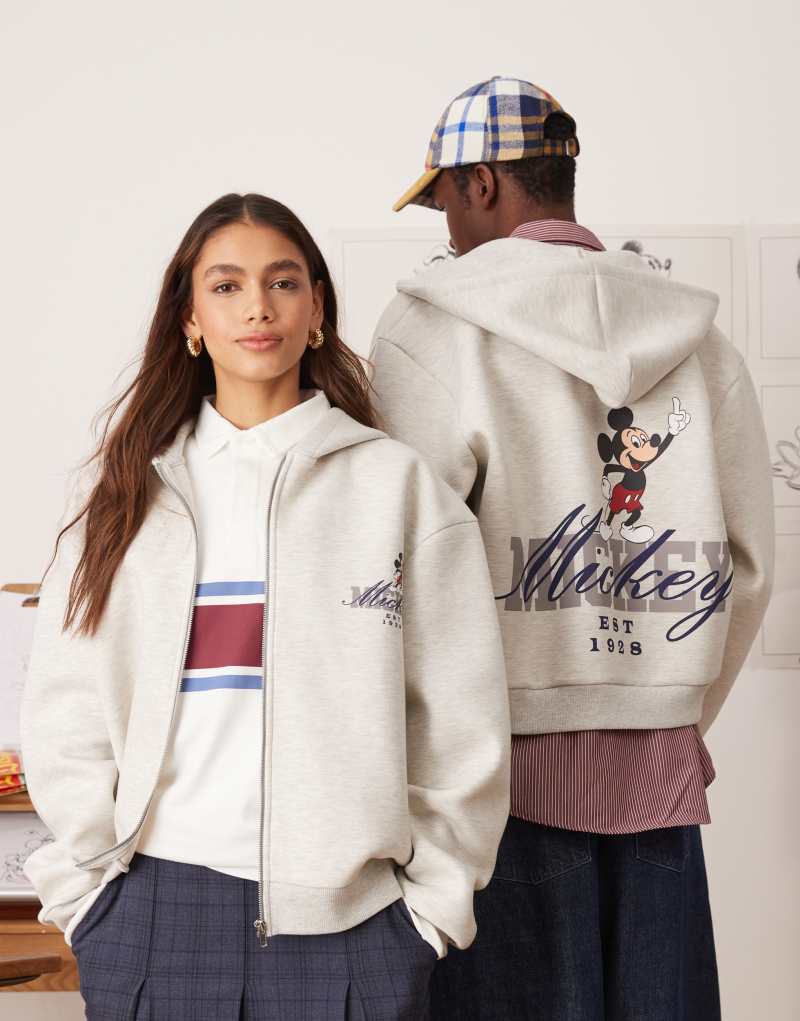 ASOS DESIGN Disney unisex boxy oversized scuba zip up hoodie with Mickey Mouse prints in heather gray Asos Design