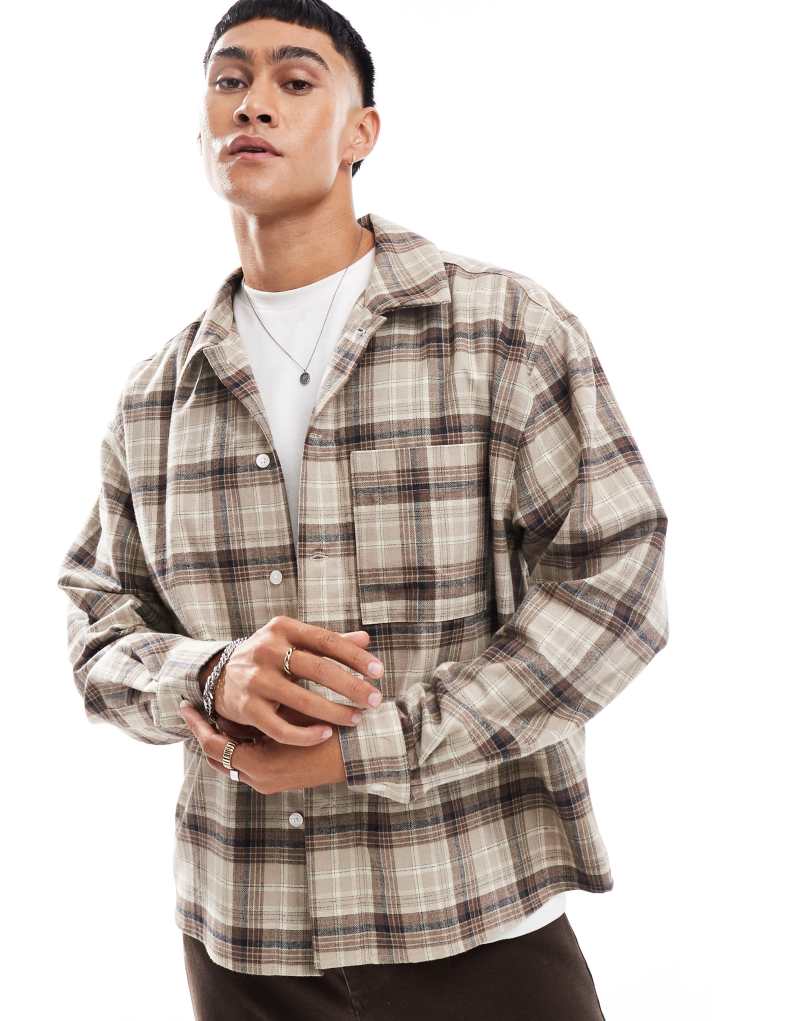 ASOS DESIGN oversized long sleeve shirt in beige plaid Asos Design