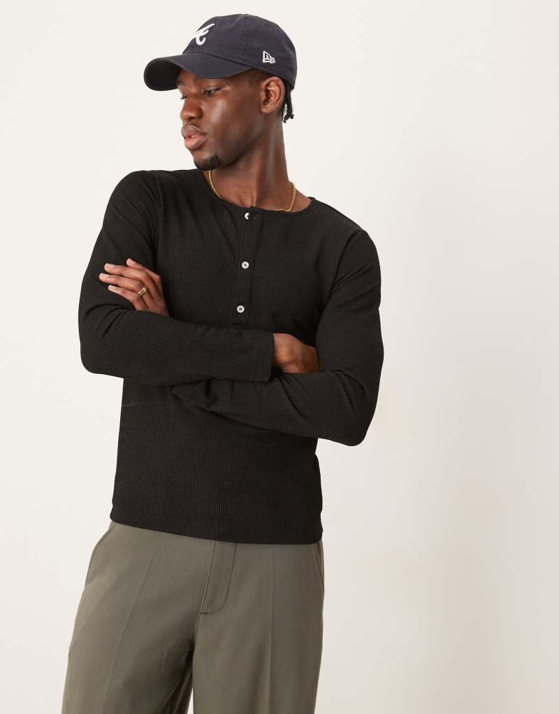 ASOS DESIGN muscle fit long sleeve boxy t-shirt with henley neck in black rib Asos Design