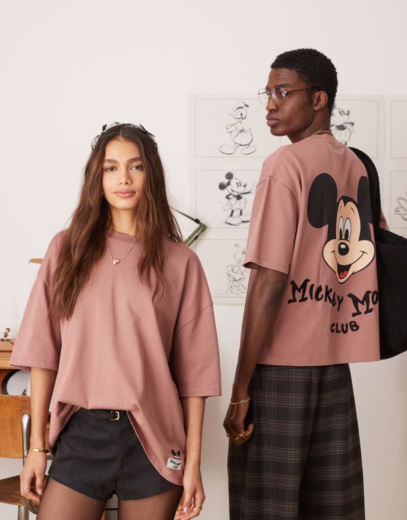 ASOS DESIGN Disney unisex boxy oversized heavyweight t-shirt with large scale Mickey Mouse back embroidery in dusty pink Asos Design