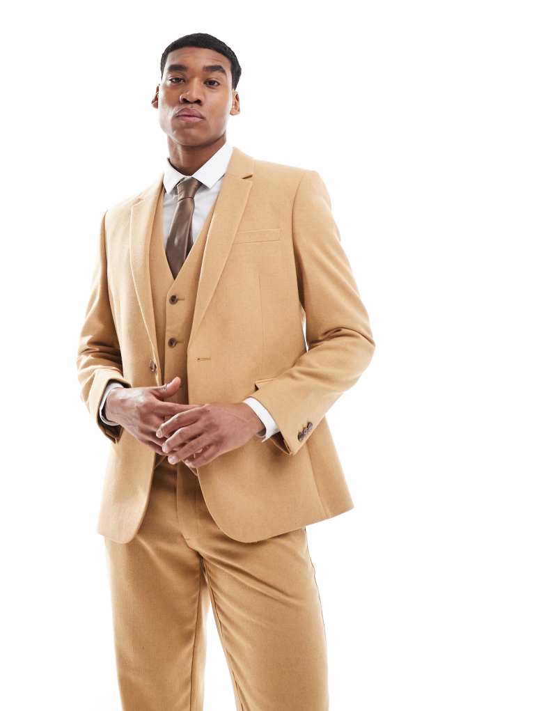 ASOS DESIGN slim suit jacket with wool in camel basketweave Asos Design