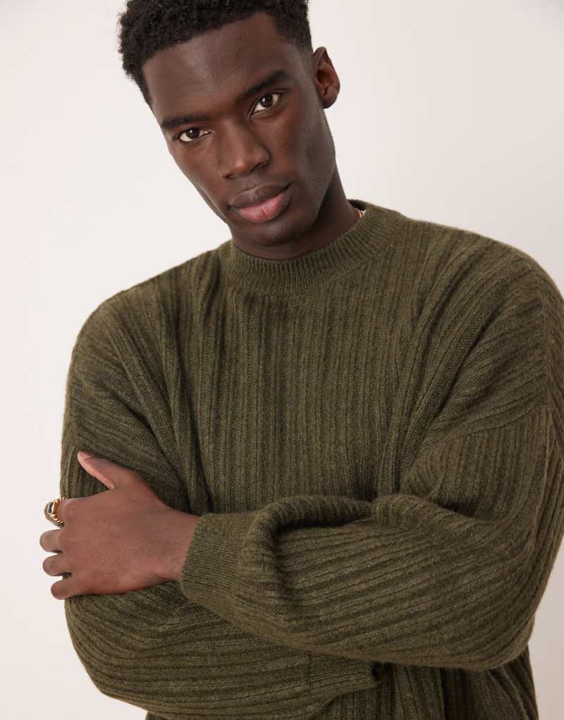 ASOS DESIGN super oversized boxy fit knit ribbed crew neck sweater in khaki Asos Design