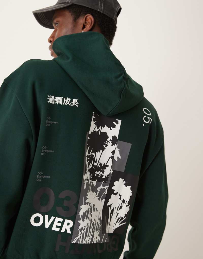 ASOS DESIGN boxy oversized hoodie with floral back print in dark green Asos Design