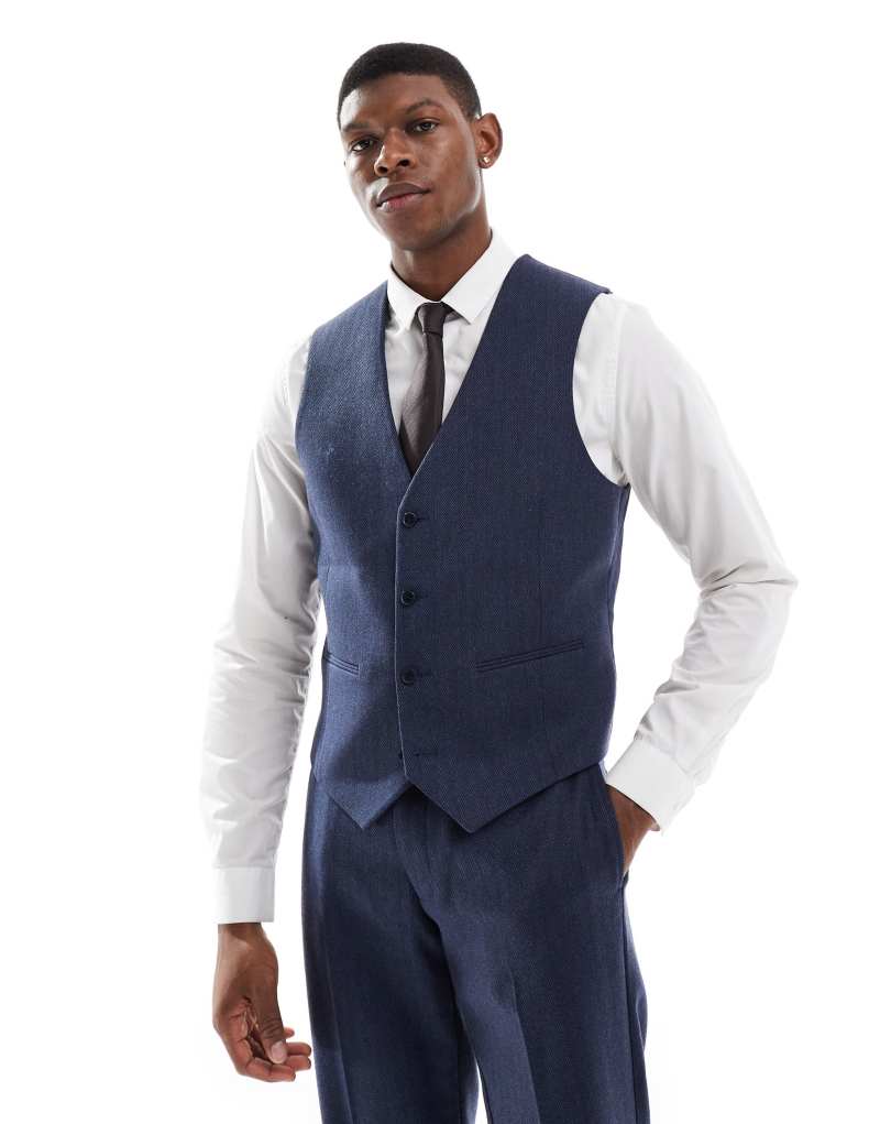 ASOS DESIGN slim suit vest with wool in blue herringbone Asos Design