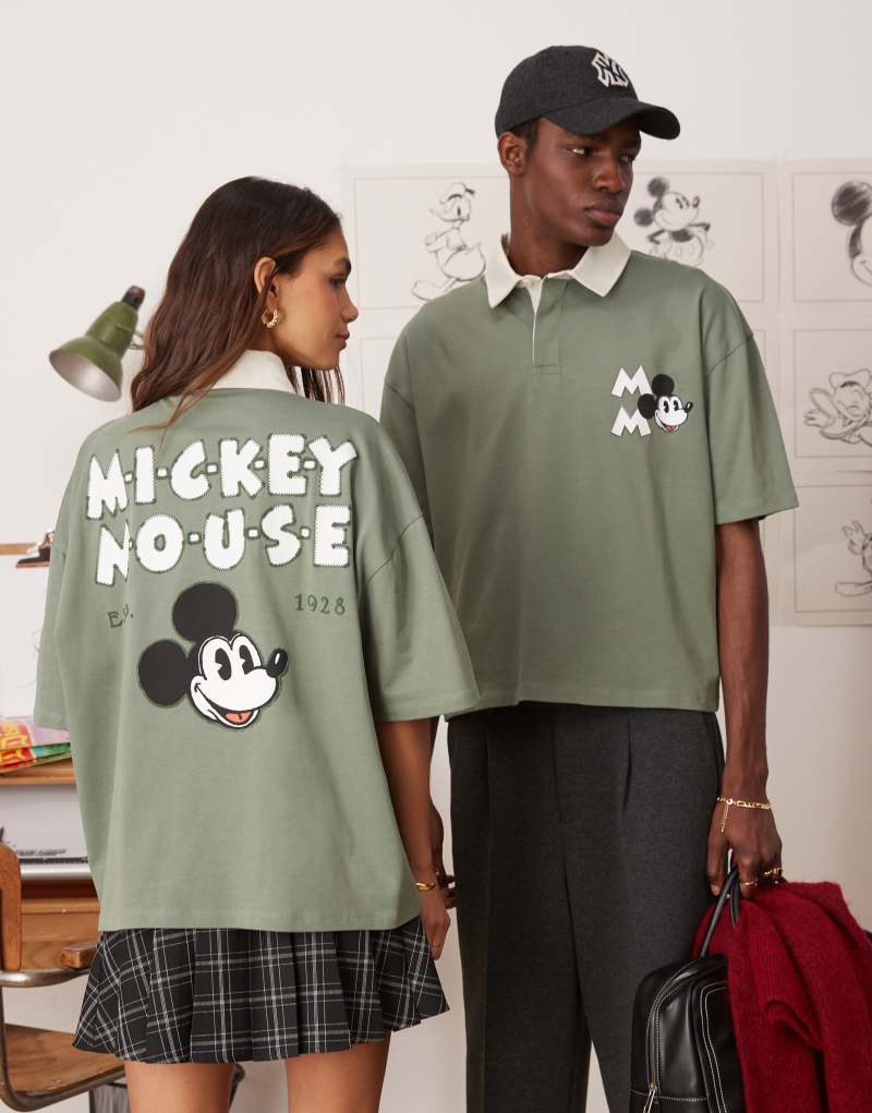 ASOS DESIGN Disney unisex boxy oversized drop shoulder polo t-shirt with Mickey Mouse prints in green Asos Design