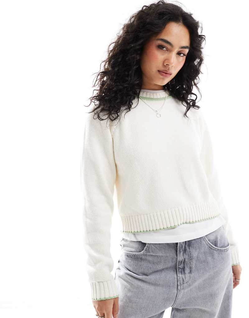 ASOS DESIGN crew neck sweater with fashioning detail and tipping in sage Asos Design