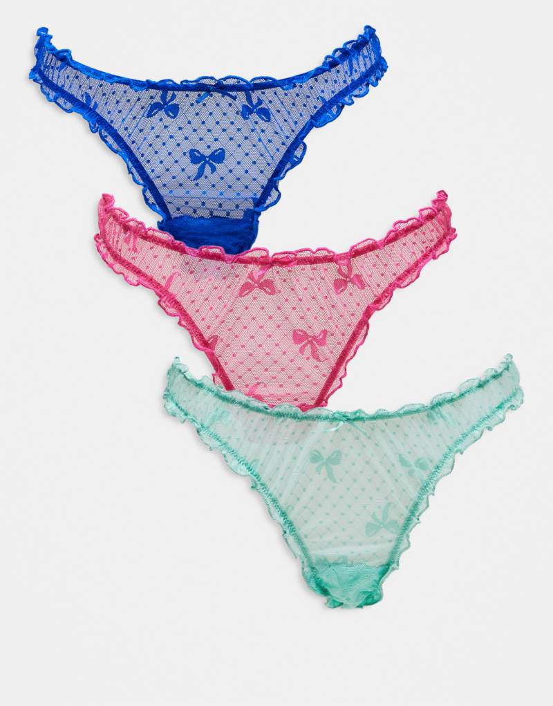 ASOS DESIGN Curve 3 pack bow mesh scrunch thongs in pink, green & blue ASOS Curve