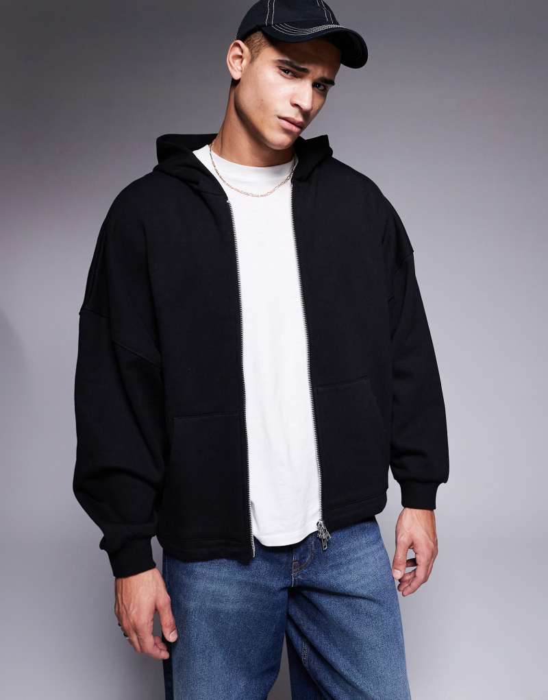 ASOS DESIGN premium heavyweight oversized zip through hoodie 400gsm with fixed hem in black Asos Design