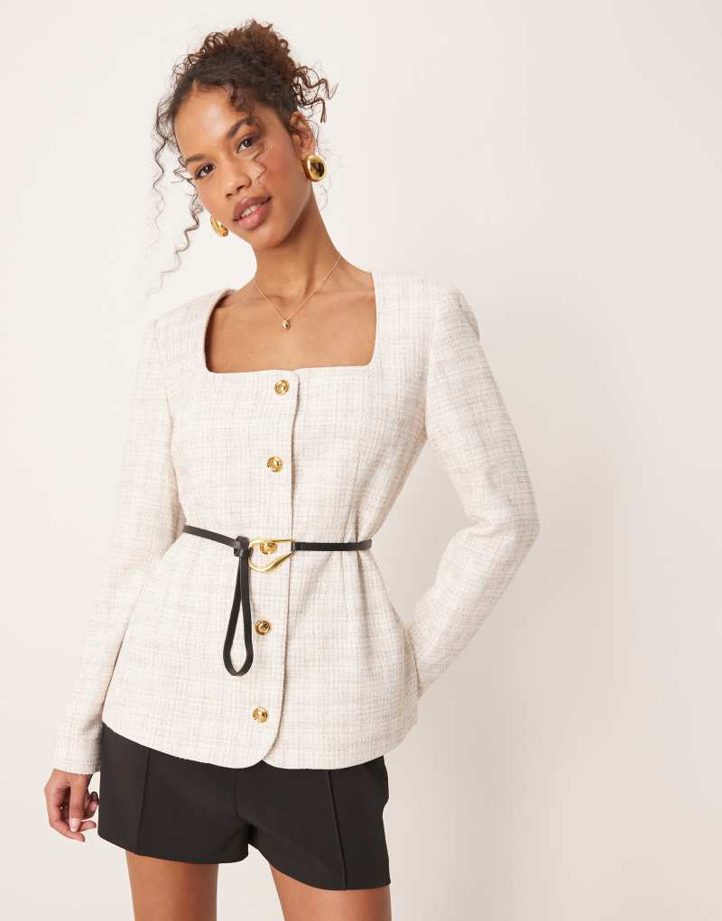 ASOS DESIGN boucle scoop neck belted blazer in cream Asos Design