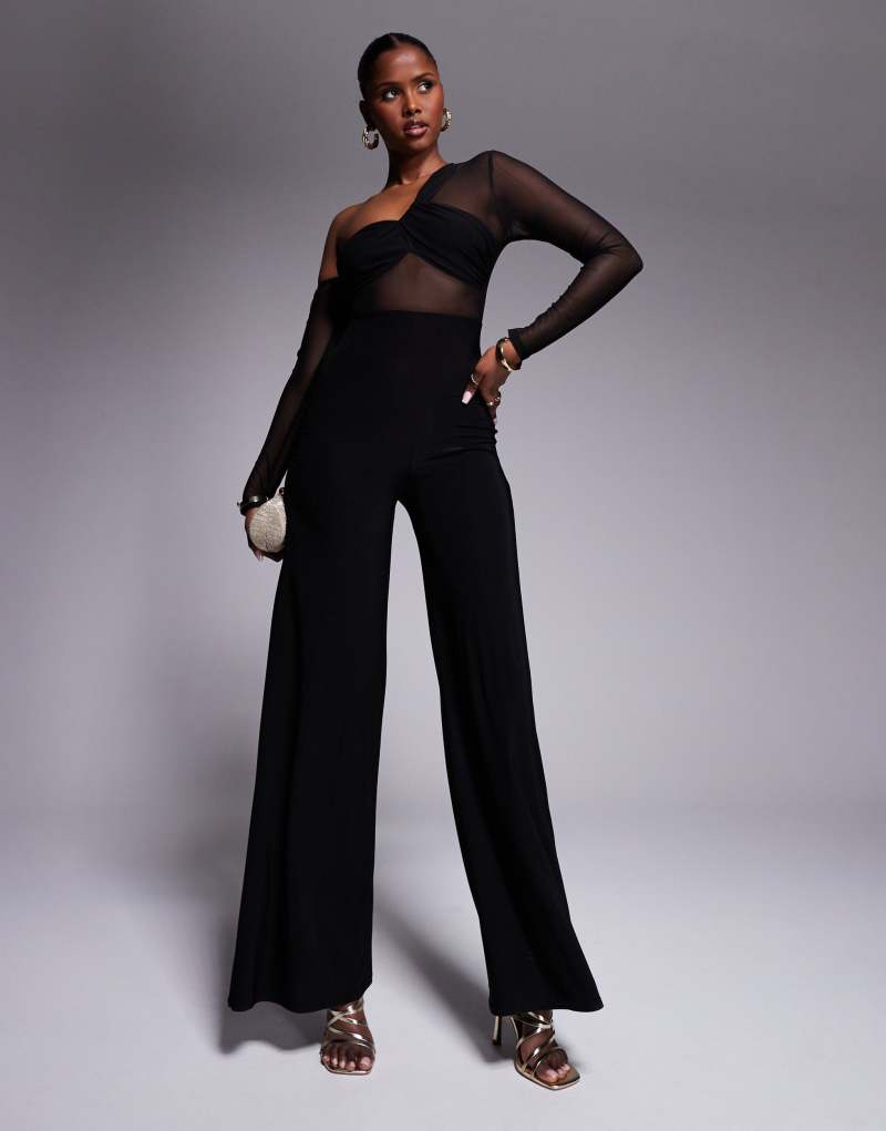 ASOS DESIGN long sleeve mesh mix jumpsuit with fallen shoulder in black Asos Design