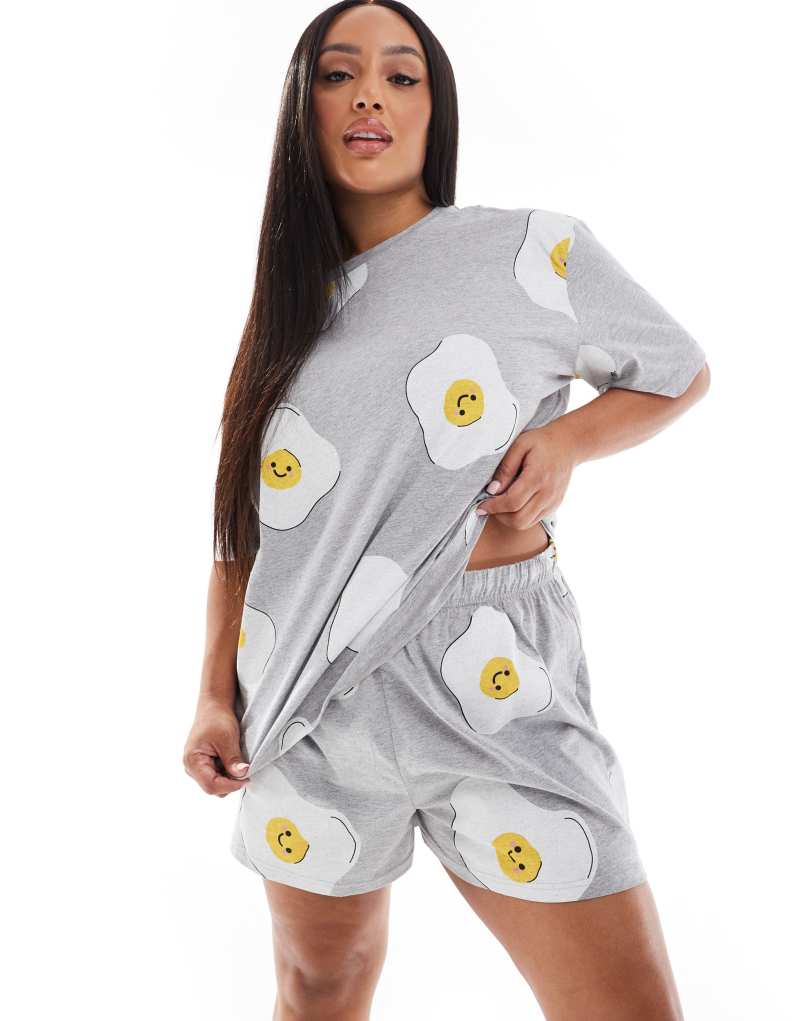 ASOS DESIGN Curve fried egg oversized tee & short pajama set in gray heather ASOS Curve