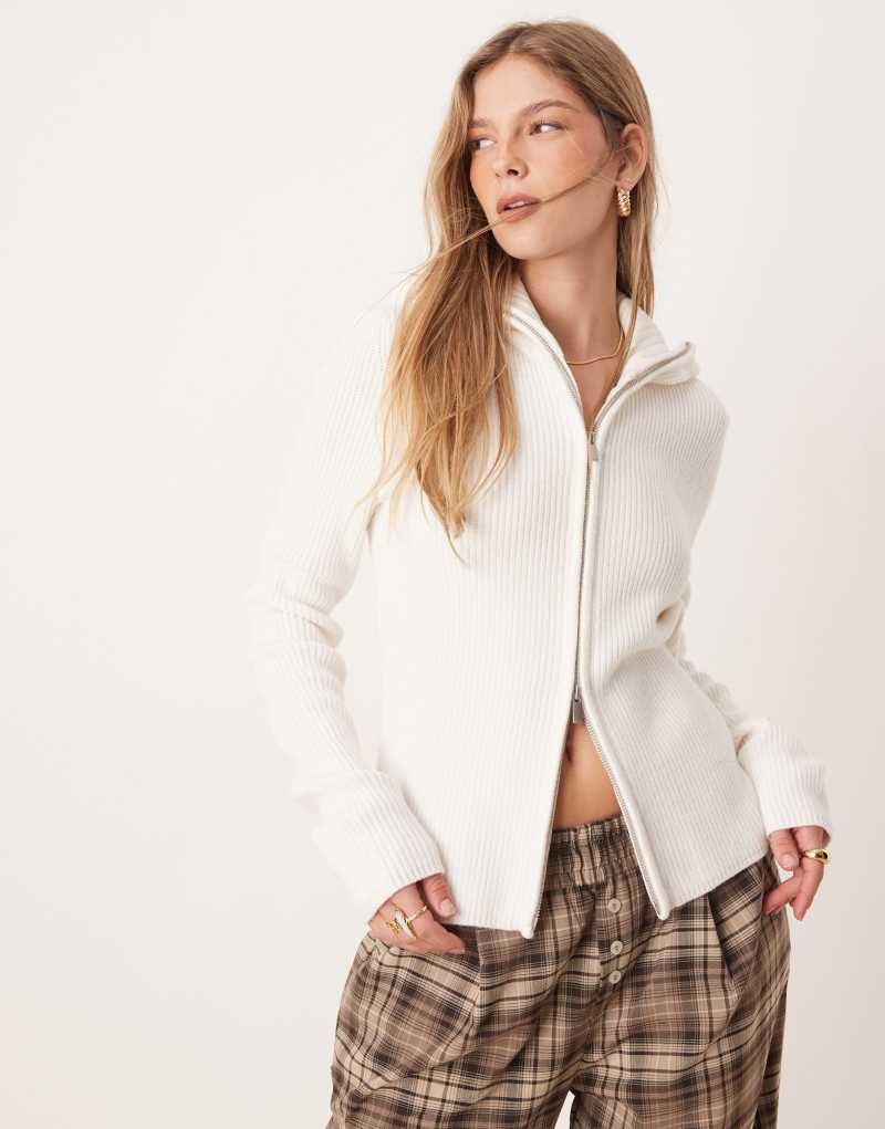 ASOS DESIGN knit zip up collar cardigan in cream Asos Design