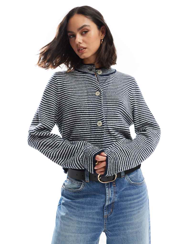 ASOS DESIGN knitted crop crew neck cardigan in navy and ecru stripe Asos Design