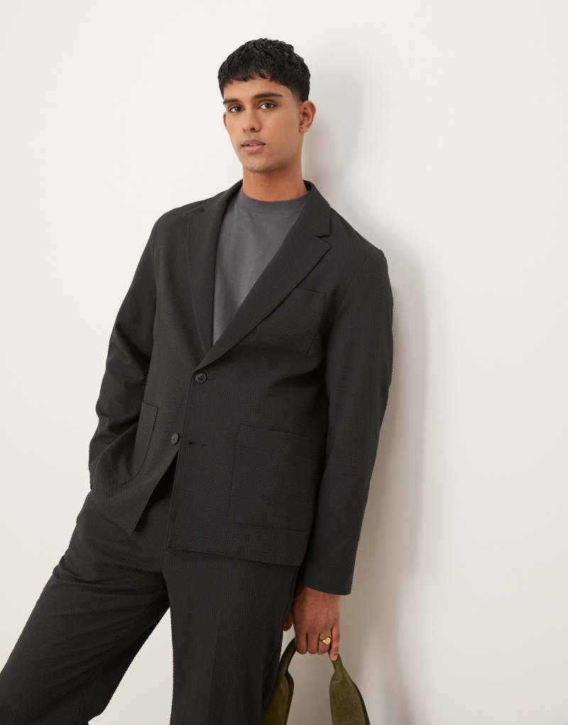 ASOS DESIGN regular suit jacket in black seersucker fabric Asos Design