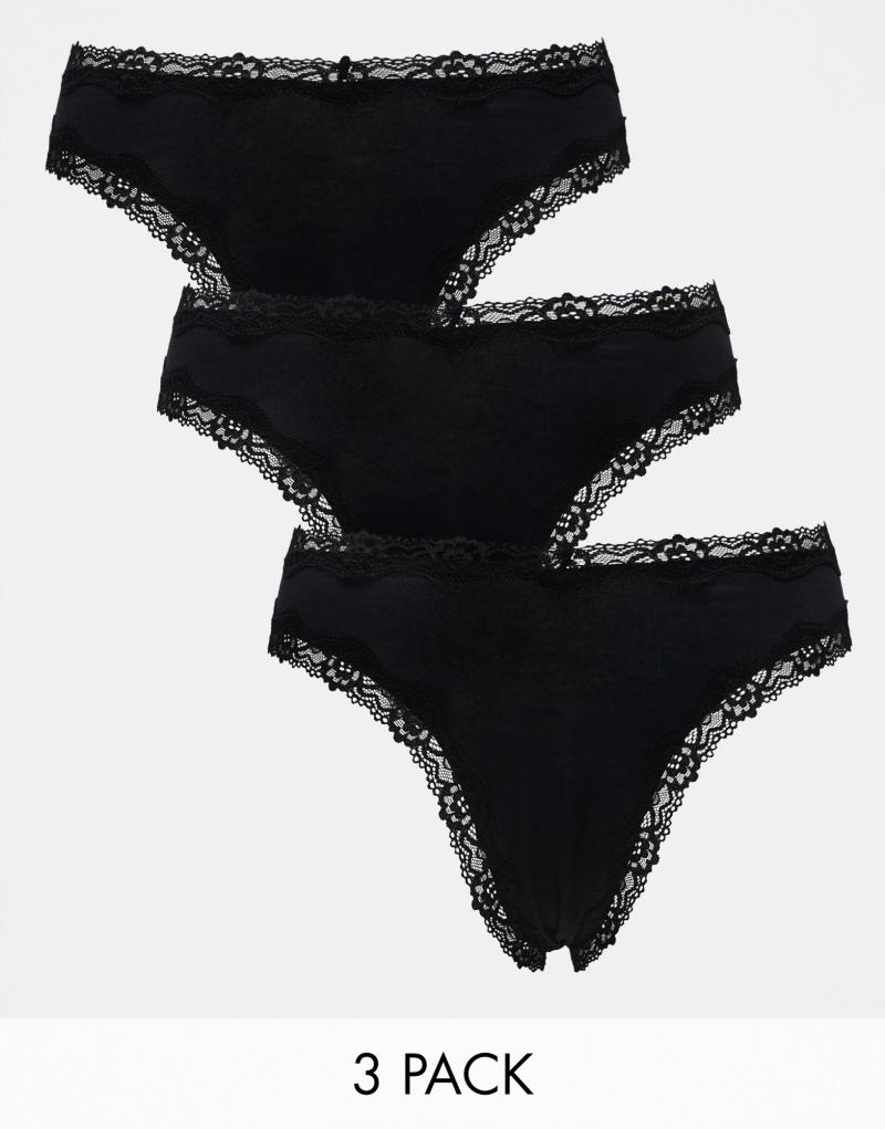 ASOS DESIGN 3 pack cotton & lace trim high rise malibu thong in black Asos Design