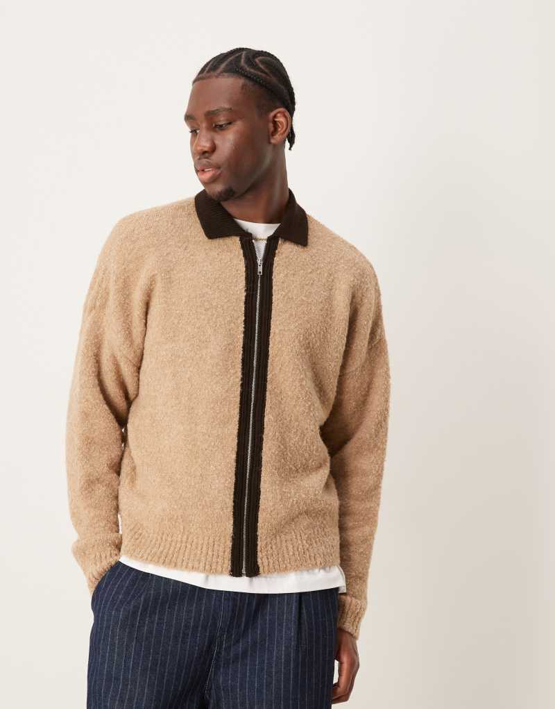 ASOS DESIGN oversized knit textured contrast zip through in beige Asos Design