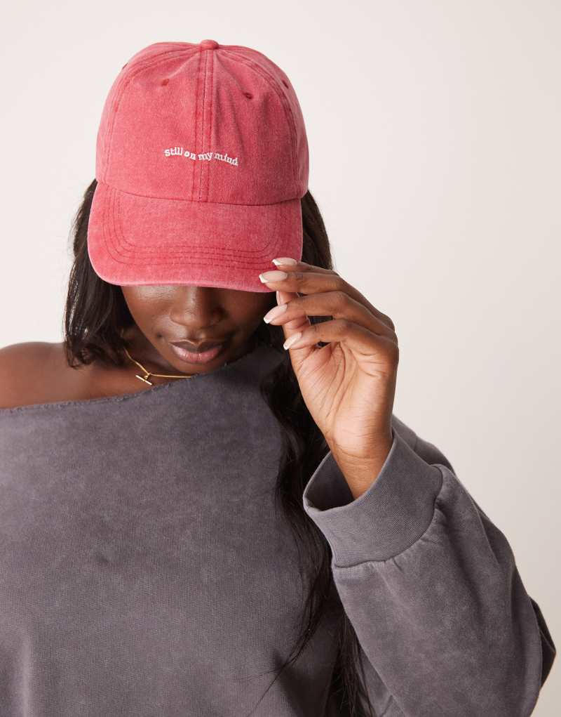 ASOS DESIGN washed still on my mind embroidered slogan cap in red Asos Design