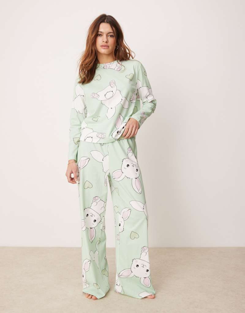 ASOS DESIGN bunny long sleeve top & pants pajama set in gray Asos Design