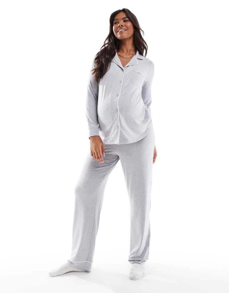 ASOS DESIGN Maternity super soft long sleeve shirt & pants pajama set with contrast piping in gray heather ASOS Maternity