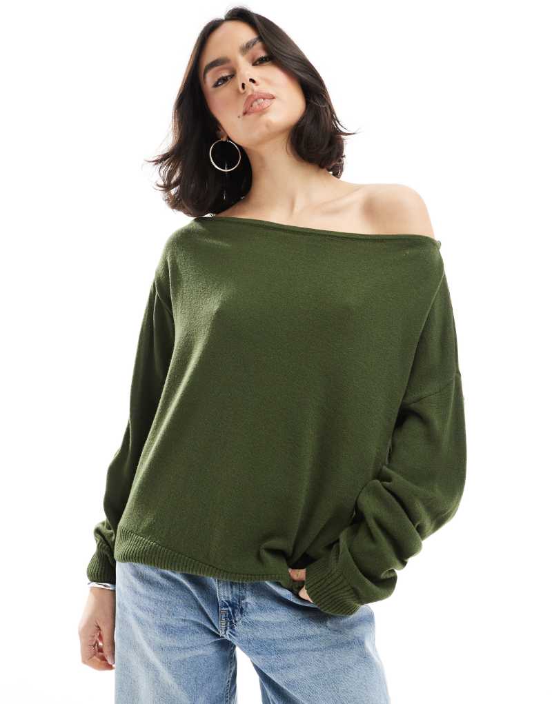 ASOS DESIGN slouchy one shoulder sweater in olive Asos Design