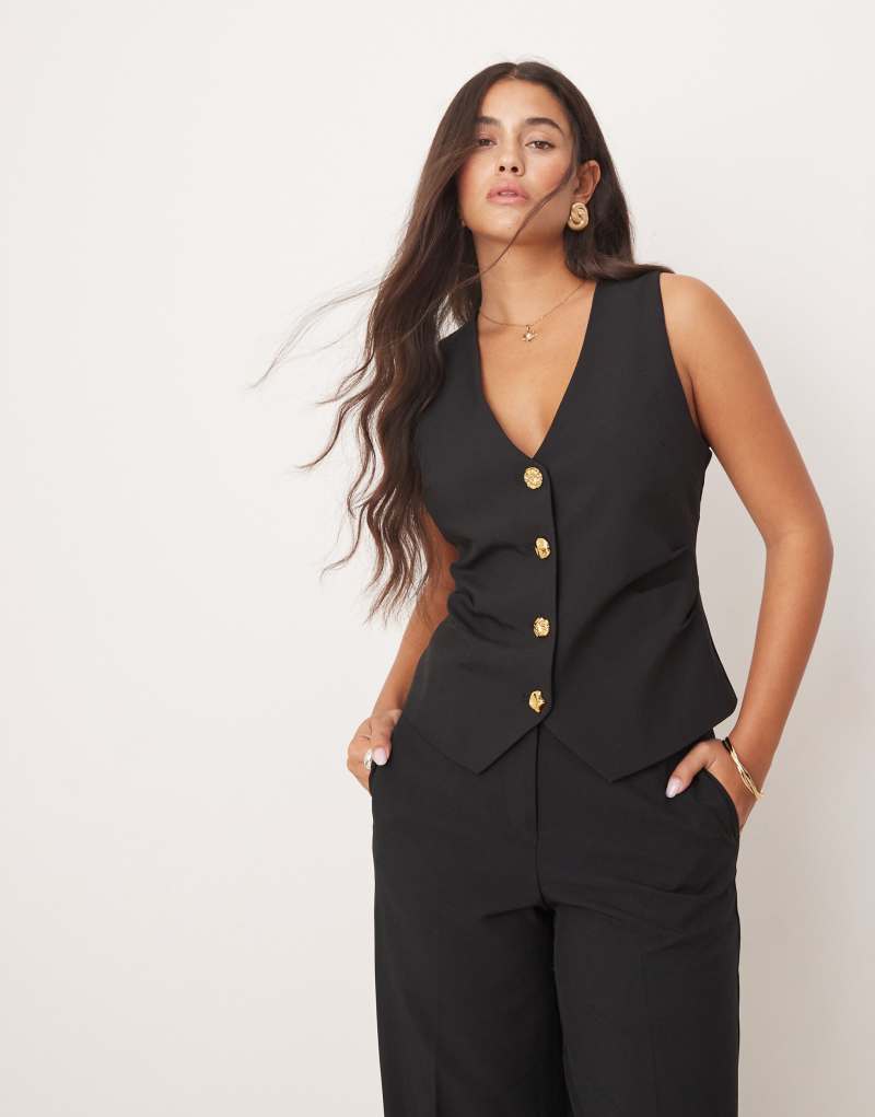 ASOS DESIGN ruched vest with mix & match buttons in black Asos Design