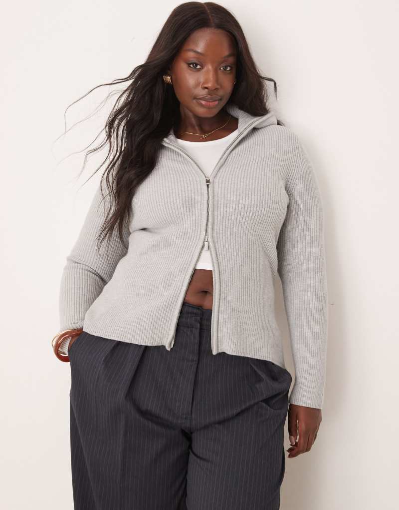 ASOS DESIGN Curve knitted zip through collar cardigan in mid gray ASOS Curve