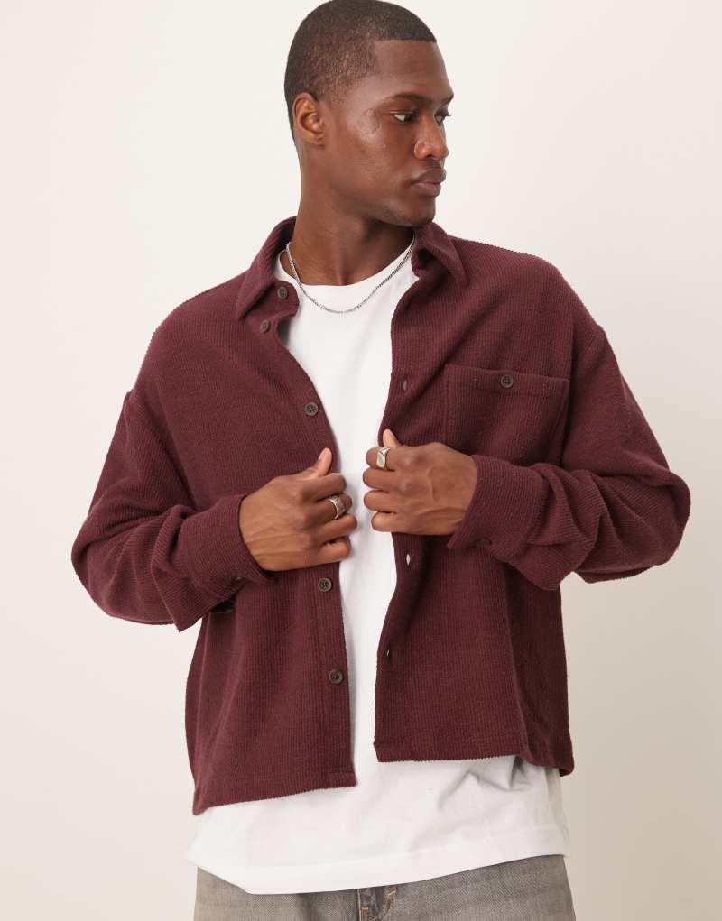 ASOS DESIGN oversize boxy shirt with boucle texture in burgundy Asos Design