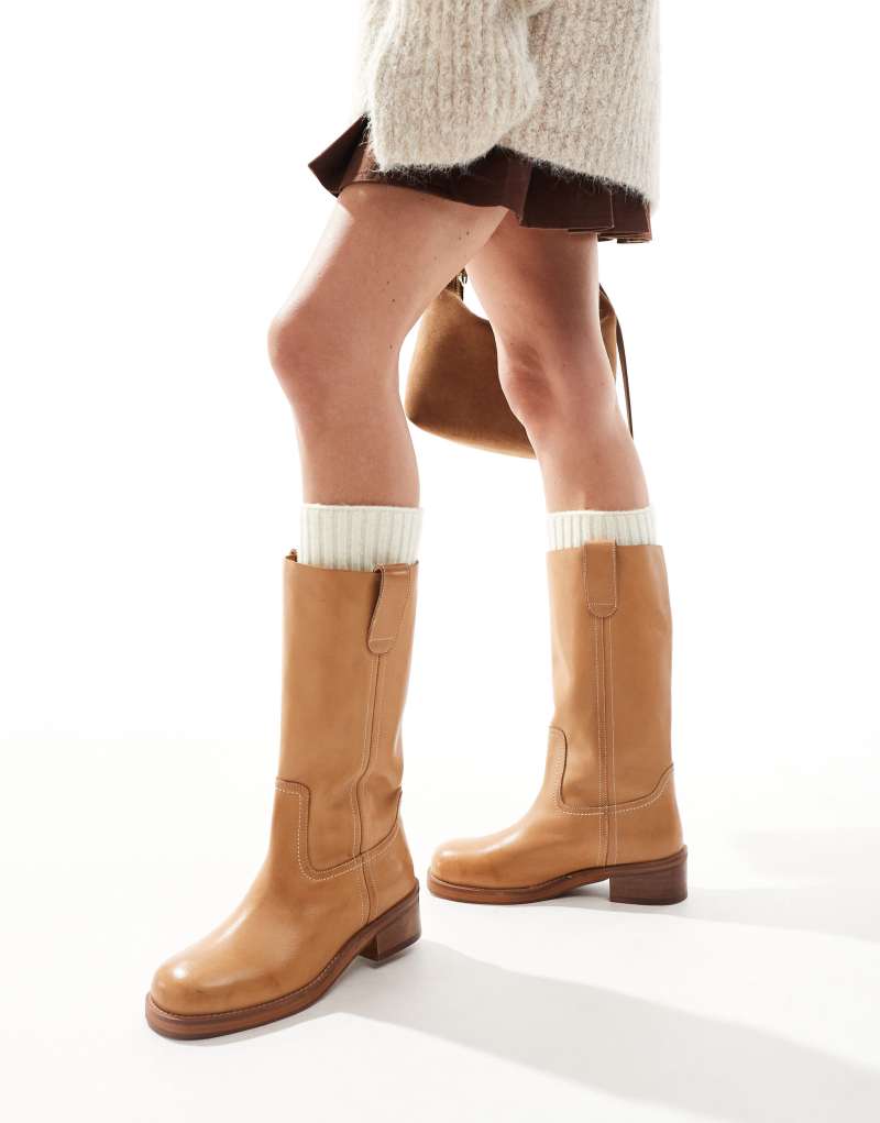 ASOS DESIGN Cindy leather pull-on boots in camel Asos Design