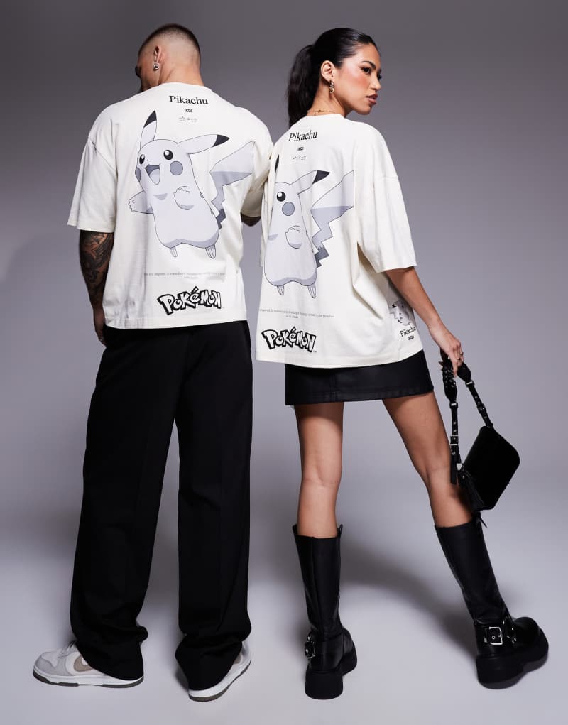 ASOS DESIGN unisex boxy oversized Pokemon t-shirt with Pokemon Pikachu prints and embroidery in beige Asos Design