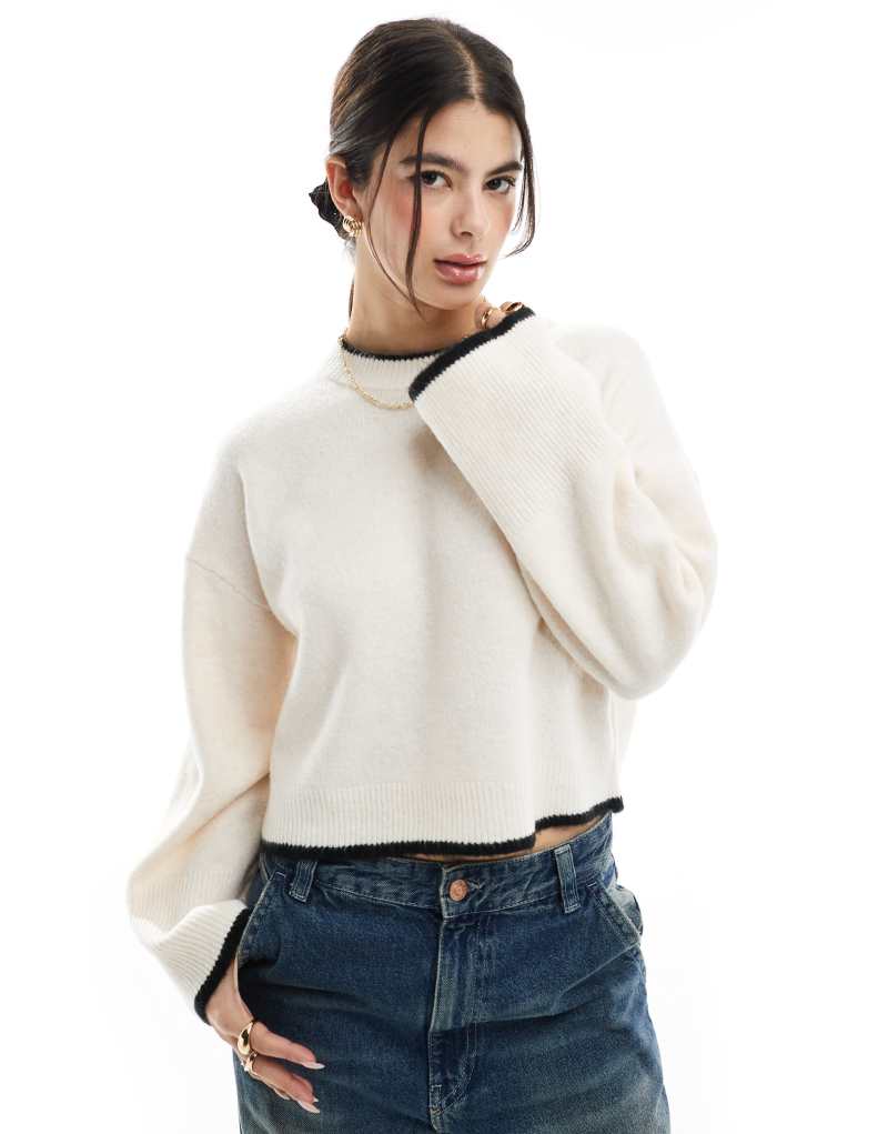 ASOS DESIGN boxy crew neck sweater with tipping detail in cream Asos Design