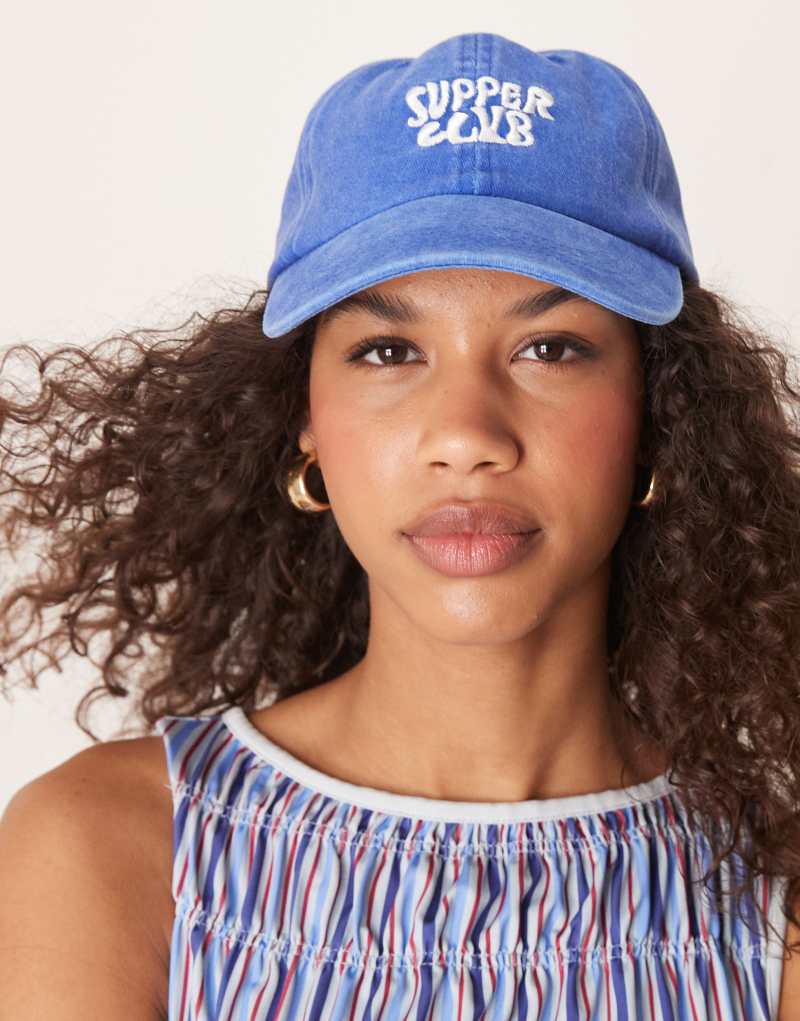 ASOS DESIGN supper club slogan cap in blue Asos Design