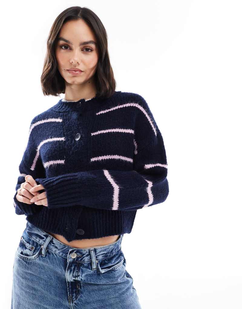 ASOS DESIGN crew neck loose knit cardigan in navy and lilac stripe Asos Design