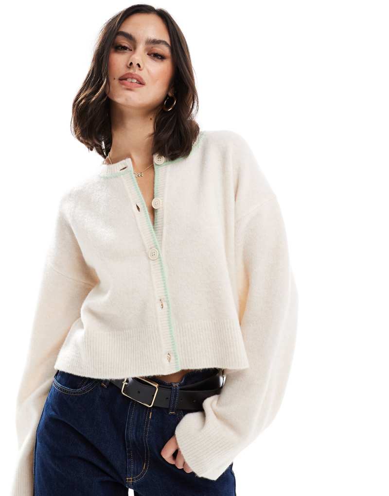 ASOS DESIGN crew neck cardigan with tipping detail in cream Asos Design