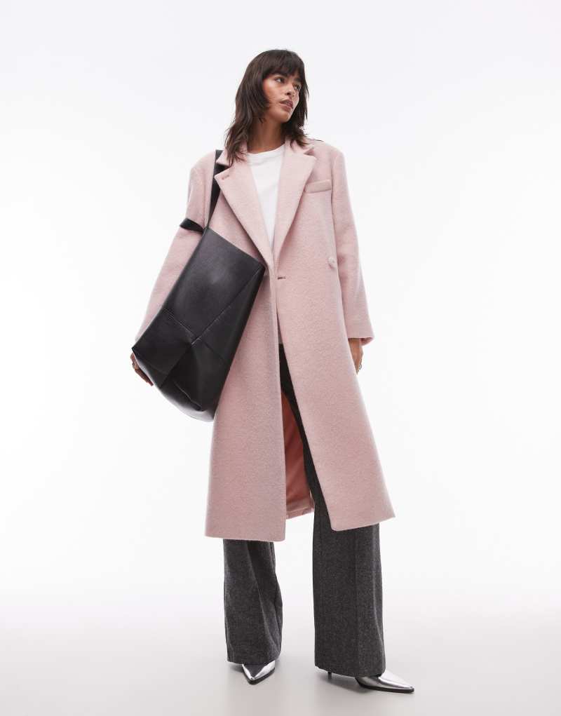 & Other Stories wool blend oversized midi length coat with asymmetric button detail in pink & Other Stories