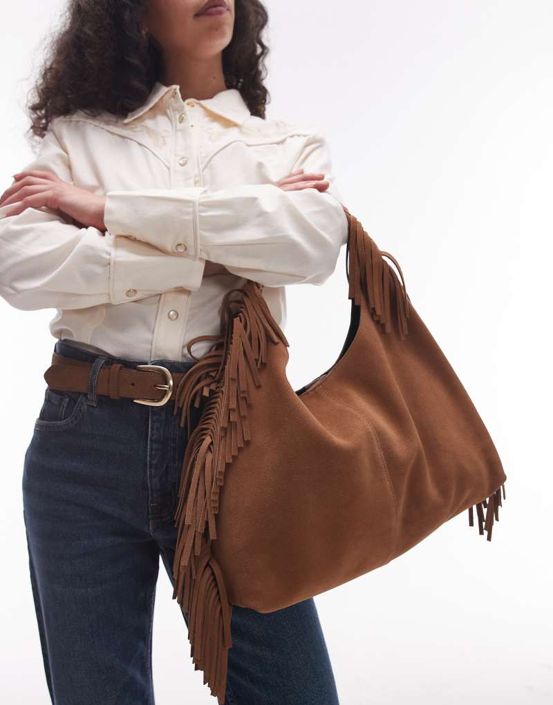 & Other Stories slouchy suede leather fringe shoulder bag in brown & Other Stories